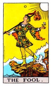 The Fool first card in list of tarot cards with pictures